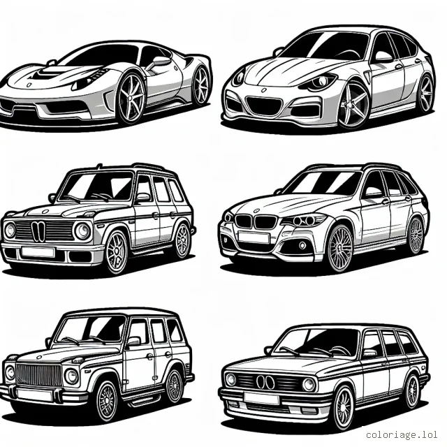 Imagine un coloriage qui représente des voitures de différentes marques connues comme une Ferrari rouge, une BMW bleue, une Audi noire et une Mercedes verte.
