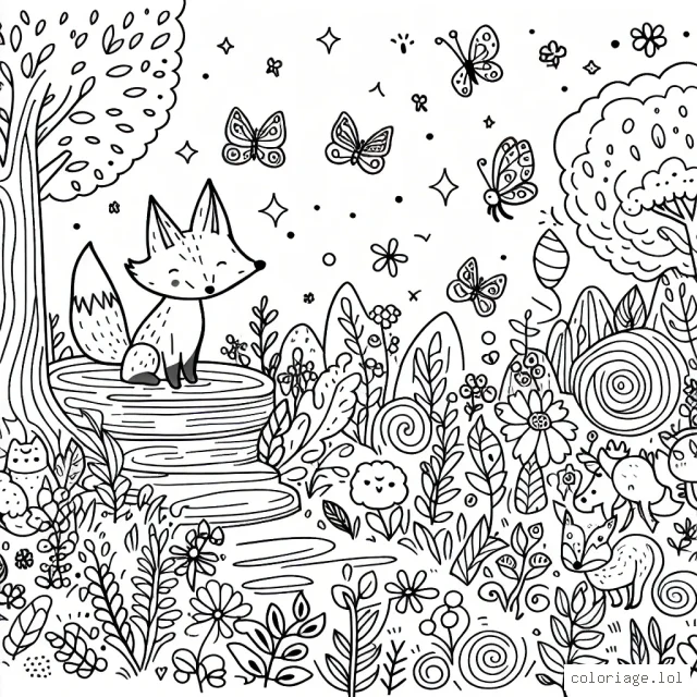 Un petit renard curieux explorant une forêt enchantée pleine de créatures magiques.