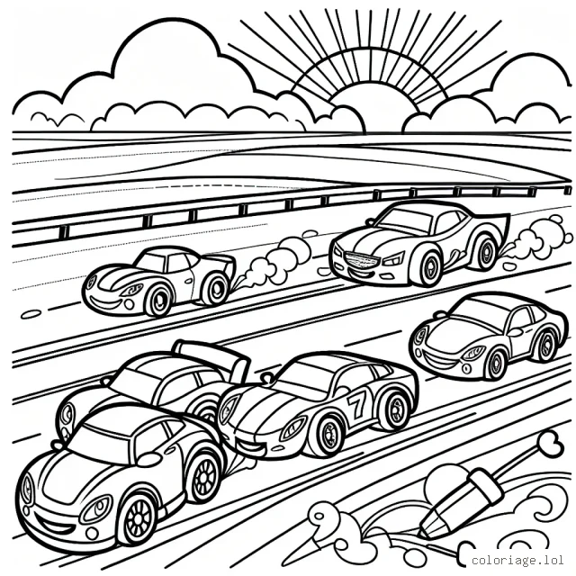 Dessine une scène animée avec trois voitures de différentes formes participant à une course passionnante sur une grande autoroute ensoleillée.