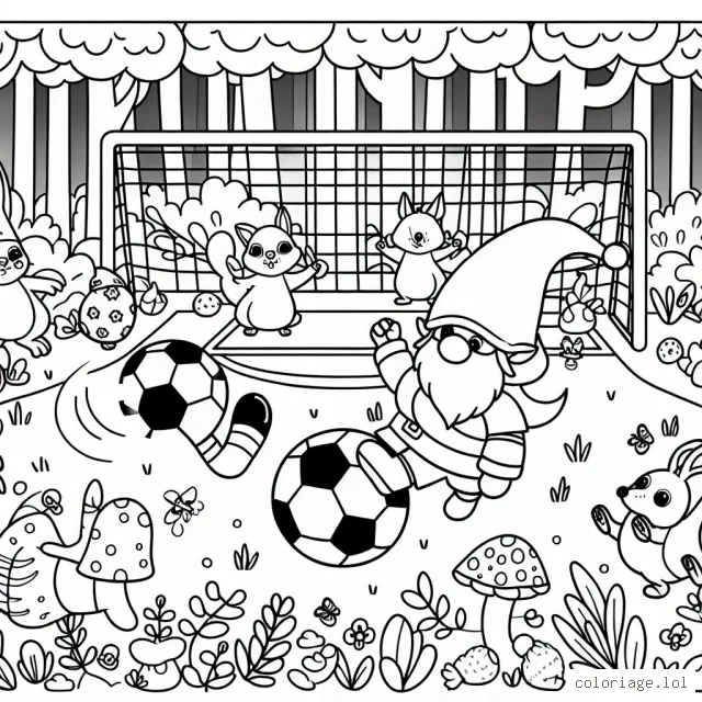 Un gnomes qui jouent au football dans une forêt enchantée, avec différents animaux comme spectateurs