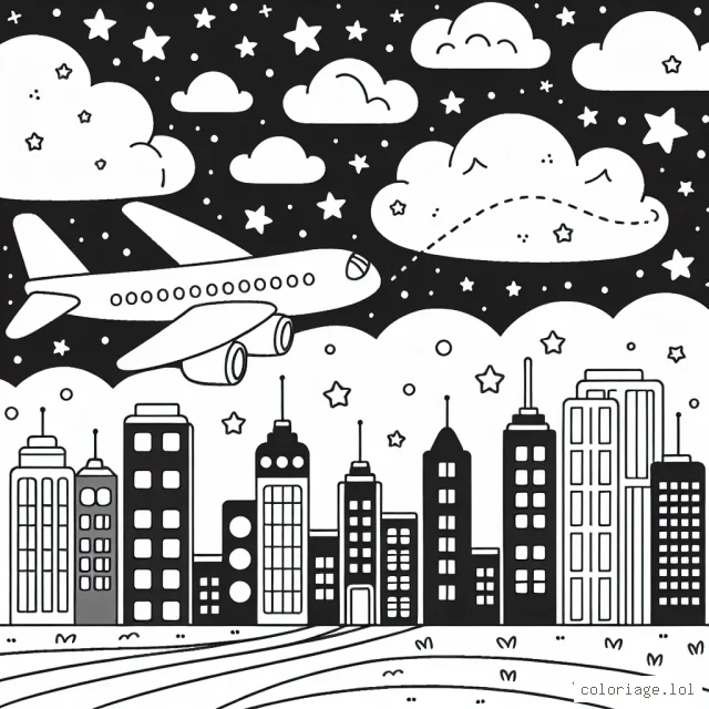 Un avion survolant la ville avec un ciel étoilé