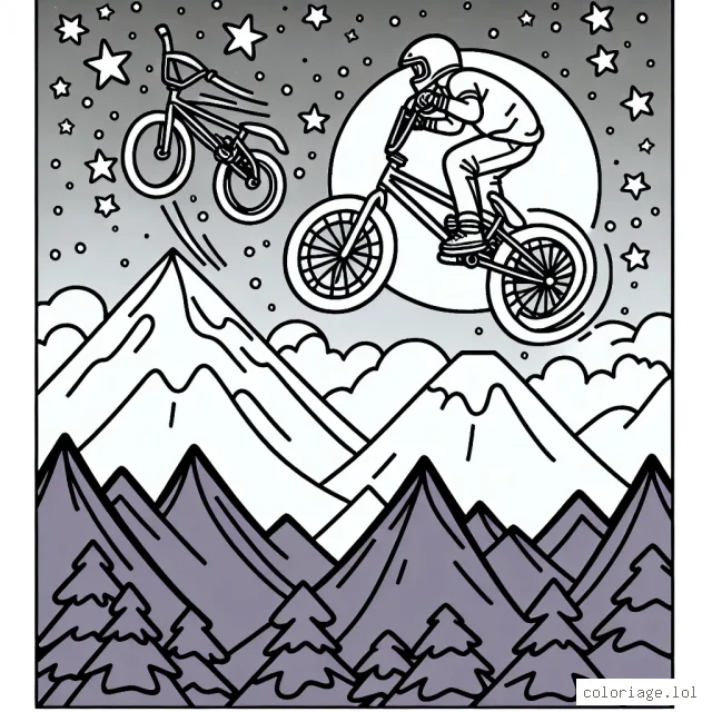 Dessine un saut extraordinaire en BMX avec à l'arrière-plan une montagne enneigée et un ciel étoilé.