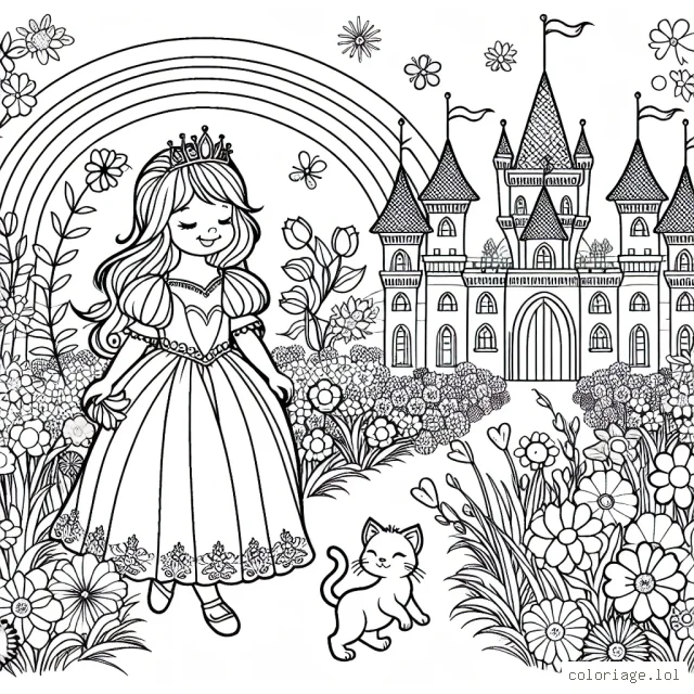Une princesse marche le long d'un beau jardin fleuri avec son chaton à ses côtés. Ils se dirigent vers un magnifique château arc-en-ciel. Les fleurs sont de différentes sortes et de différentes couleurs. Le château brille sous le soleil du printemps.