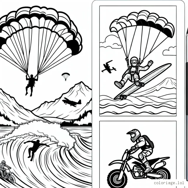 Dessine un parachutiste survolant une montagne, un surfeur chevauchant une énorme vague et un motard effectuant une acrobatie audacieuse.