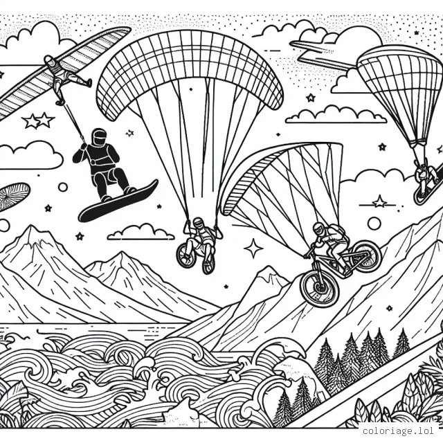 Un dessin représentant différents sports extrêmes, où des figures dynamiques exécutent des acrobaties en snowboard, en parapente, en surf et en descente de montagne en VTT.