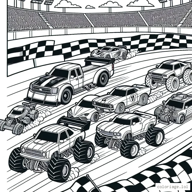 C'est une scène de course palpitante entre de belles voitures cool sur un circuit. Il y a une variété de voitures, y compris des voitures de sport, des voitures classiques et des camions monstres. Les voitures sont prêtes à prendre le virage serré du circuit. Il y a aussi des spectateurs sur les gradins prêts à encourager leurs voitures préférées.