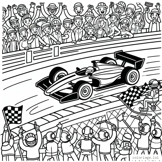 Dessine une voiture de course filant à toute vitesse sur la piste d'un circuit rempli d'observateurs enthousiastes et de pit crews animés