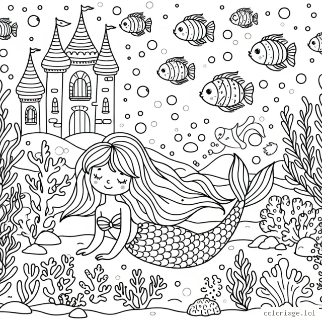 Un magnifique monde sous-marin avec une petite sirène, des poissons colorés et un château de corail.