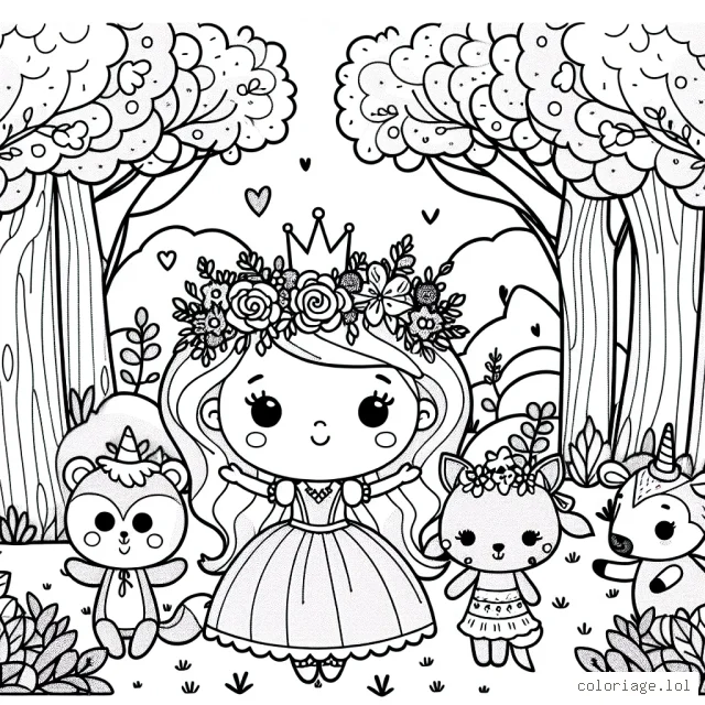 Une petite princesse couronnée de fleurs à colorier, entourée de ses fidèles amis animaux dans une forêt enchantée.