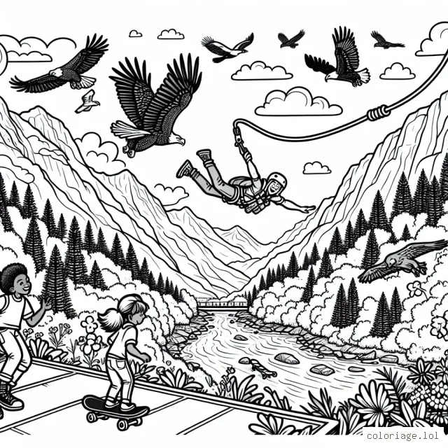Un spectacle d'adrénaline ! Créez une scène mémorable d'un aventurier faisant du saut à l'élastique du sommet d'une crête montagneuse. Ajoutez des aigles volants autour et un ruisseau roulant en bas. Glissez en plus un skatepark à proximité avec des enfants qui tentent des tours de skateboard. N'oubliez pas la nature environnante : des arbres, des fleurs, le ciel bleu parsemé de nuages afin de créer une scène magnifique. Fille ou garçon, tout le monde trouvera son bonheur à colorier et à imaginer des histoires.