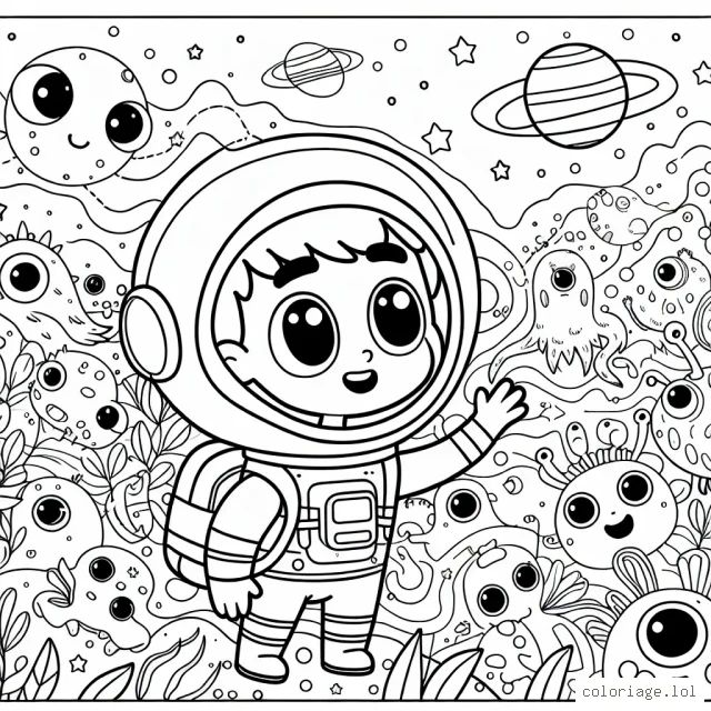 Un jeune astronaute explorant une planète peuplée de créatures amicales et droles dans une galaxie lointaine.