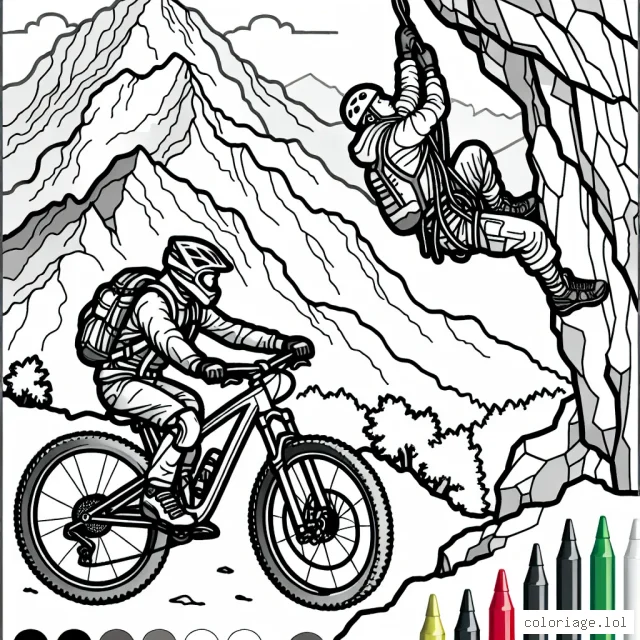 Dessin à colorier d'un vététiste faisant une descente vertigineuse sur une montagne, accompagné par un grimpeur suspendu à une falaise.