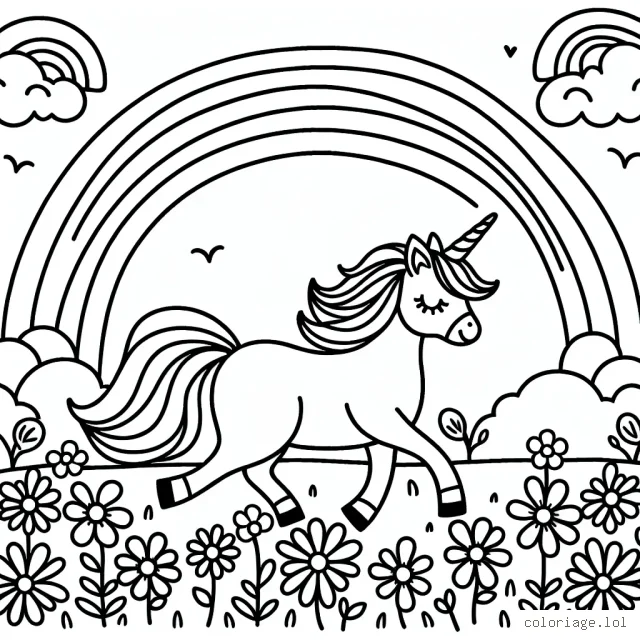 Unicorn traversant un champ de fleurs multicolores sous un arc-en-ciel