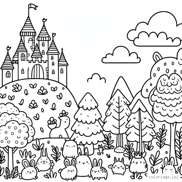 Un château majestueux perché au sommet d'une colline entourée d'une forêt enchantée peuplée de créatures mignonnes et amicales.