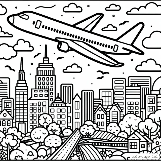 Un avion à réaction survolant une ville animée avec en arrière plan un ciel parsemé de nuages