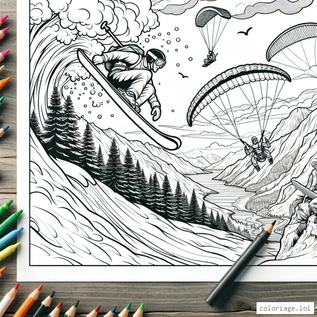 Sur cette page de coloriage, tu peux découvrir une scène intense d'un sport extrême. En haut de la montagne, un skieur professionnel s'apprête à descendre à toute vitesse. Sous un ciel clair, les arbres et la nature offrent un incroyable panorama. Des sportifs s'envolent en parapente, tandis qu'en bas du versant, des surfeurs affrontent des vagues gigantesques. Un grimpeur en pleine ascension est également représenté. Alors, à tes crayons !