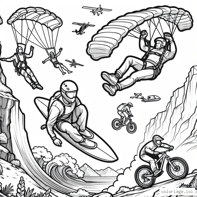 Imagine un parcours extrême rempli d'actions sportives. Il y a des athlètes qui font du parachute, du surf dans des vagues géantes, de l'escalade sur un rocher abrupt, du vélo de montagne sur une piste accidentée et du skateboard sur une rampe très haute.