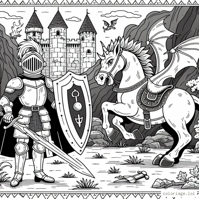 Un courageux chevalier en armure, avec son grand bouclier et une épée étincelante, se prépare à affronter un terrible dragon crachant du feu dans un paysage medieval. Entouré par son fidèle destrier, un château fort à l'arrière-plan et quelques arbres dessiminés au loin.