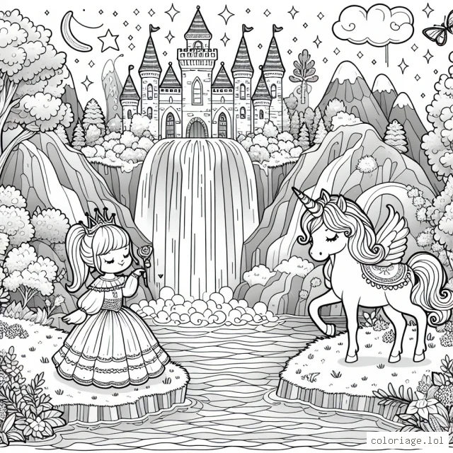 Un royaume enchanté avec une petite princesse, sa licorne magique et une cascade de rêve