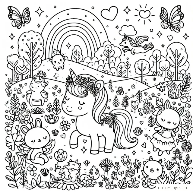 Un jardin enchanté rempli de petits animaux mignons jouant autour d'une magnifique licorne
