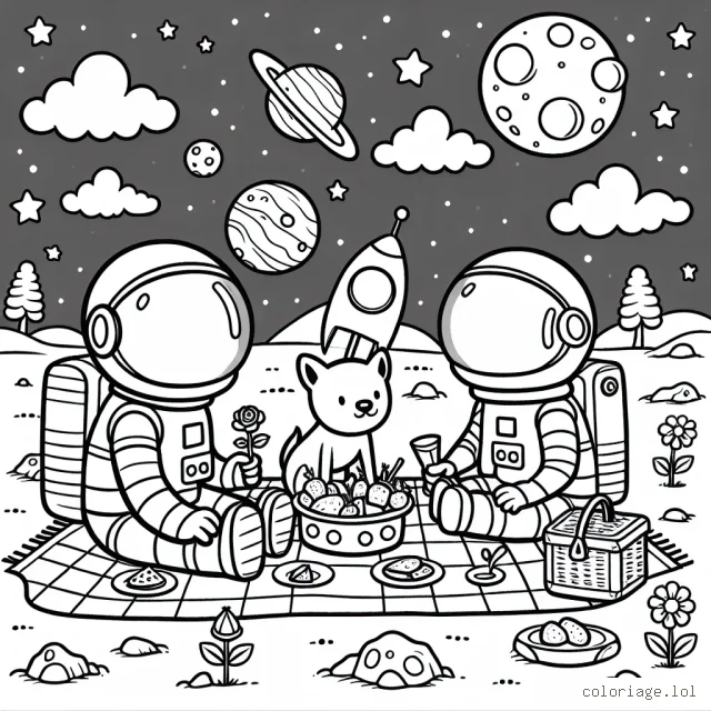 Un astronaute et son chien extraterrestre profitant d'un pique-nique sur une planète lointaine.