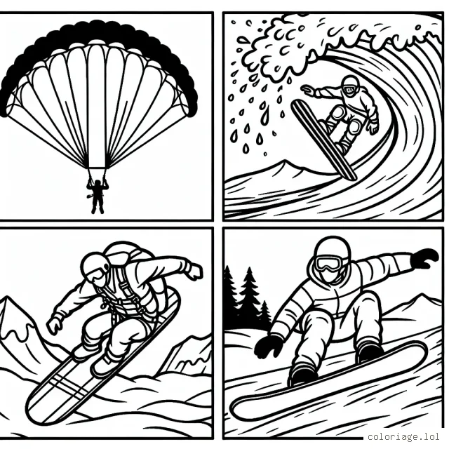 Imagine et dessine un parachutiste en pleine descente, un surfeur sur une grande vague, un skateur faisant une figure impressionnante et un snowboardeur filant sur une pente enneigée.