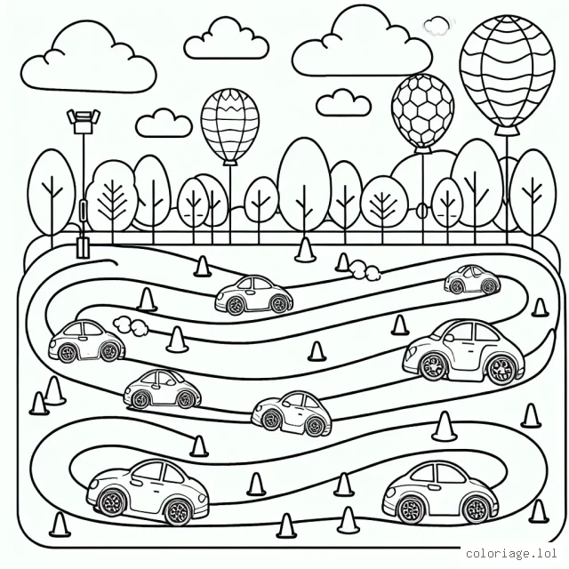 Un large champ rempli de voitures de course colorées zigzaguant entre de petits cônes sous un ciel lumineux avec des ballons en forme de voiture flottant au-dessus.