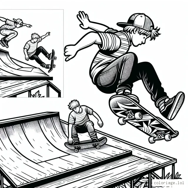 Dessines et colores un parcours de skateboard professionnel avec un skateboardeur effectuant un saut impressionnant par-dessus une rampe, un autre effectuant un flip et un troisième essayant de se tenir en équilibre sur une longue rampe inclinée.