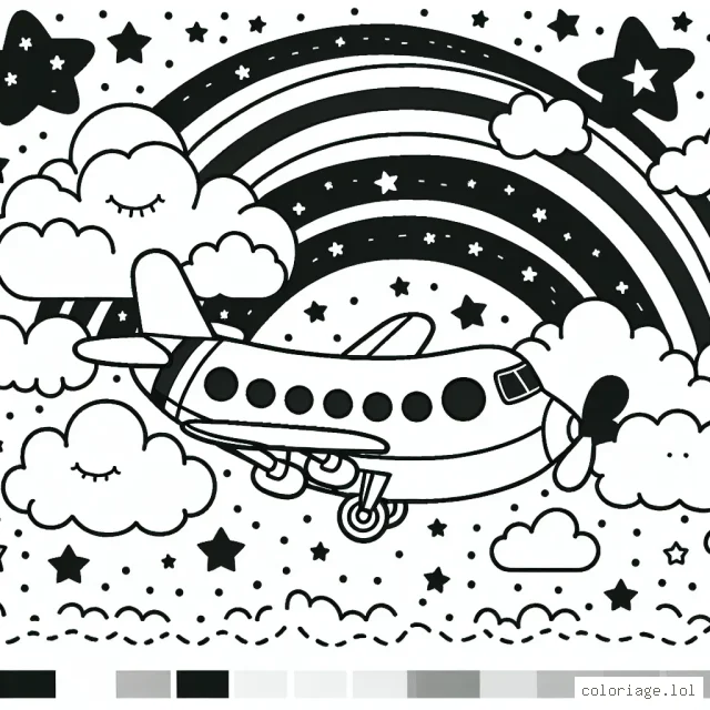 Dessinez un avion volant haut dans le ciel étoilé avec des nuages flottants autour et un arc-en-ciel coloré en arrière-plan.