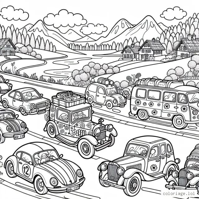Imagine une scène joyeuse d'un cortège de voitures de différentes formes et tailles roulant à travers un paysage pittoresque. Les voitures peuvent inclure une petite voiture de sport rouge vif, une camionnette bleue avec des fleurs peintes dessus, une voiture de course jaune avec des rayures noires et une vieille voiture verte avec une malle à l'arrière remplie de bagages. N'oublie pas d'inclure le paysage environnant, comme des montagnes, des arbres ou un lac dans le fond.