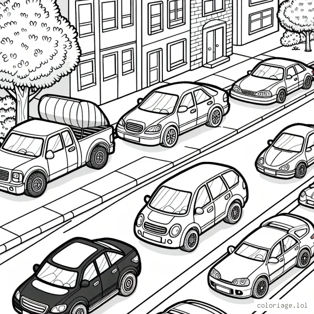 Imagine une scène de rue avec des voitures de différentes marques garées le long du trottoir. Les voitures pourraient être de marques comme BMW, Audi, Mercedes, Ford, Tesla, Volkswagen, etc. N'oubliez pas de dessiner des détails comme les logos de marques, les phares, les roues, etc., ce qui va te permettre d'apprendre les symboles des plus grandes marques de voitures pendant le coloriage.