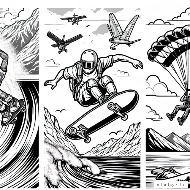 Un skateboardeur exécute une figure complexe dans un half-pipe, un surfeur attrape une énorme vague et un parachutiste effectue une descente à couper le souffle. Tous ces athlètes démontrent leur habileté, courage et passion pour leurs sports. Les montagnes, l’océan et le ciel ajoutent au dynamisme de la scène.