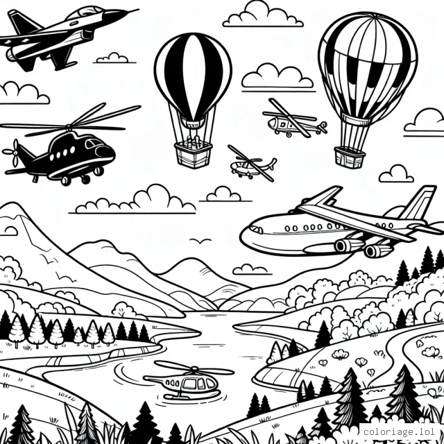 Imaginer une scène riche et passionnante où différents types d'avions volent dans le ciel. Les modèles comprennent un avion de chasse, une montgolfière, un hélicoptère et un jumbo jet. En dessous, il y a des collines, des lacs et des forêts à colorier.