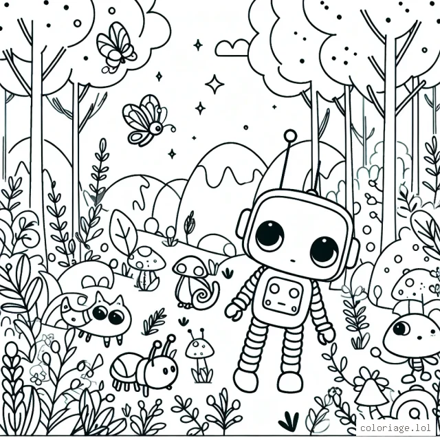 Un petit robot curieux explorant une forêt enchantée remplie d'animaux amicaux et de plantes magiques.