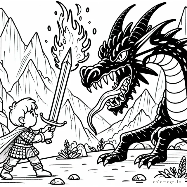 Imagine un scénario où un jeune chevalier courageux, armé de son épée lumineuse, affronte un dragon terrifiant crachant du feu sur un fond de château médiéval et montagnes escarpées.