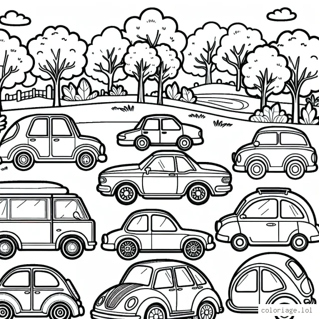 Des voitures de différentes marques garées dans un parc au milieu de la nature