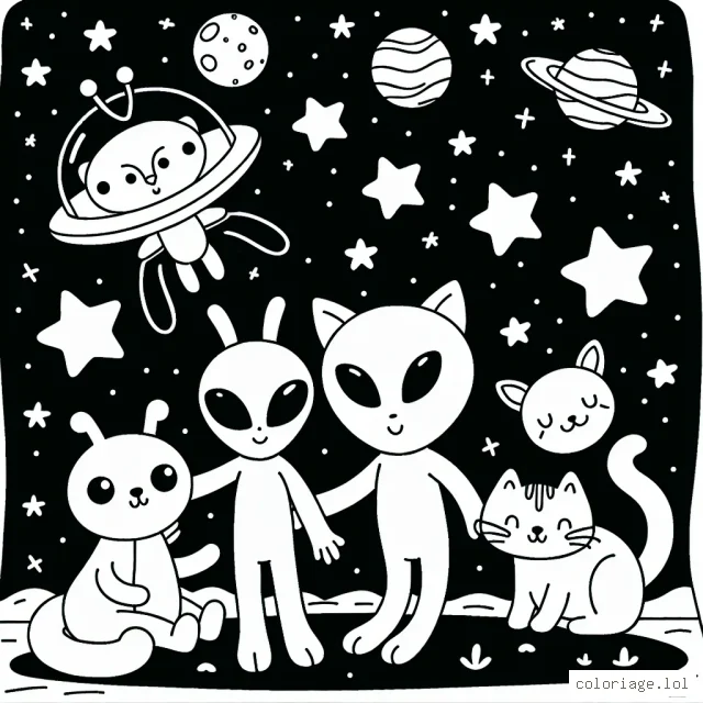 Un extraterrestre sympathique jouant avec des animaux dans un champ d'étoiles
