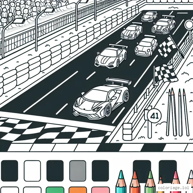 Dessine un circuit automobile animé avec des voitures sportives, des spectateurs et des panneaux de signalisation.