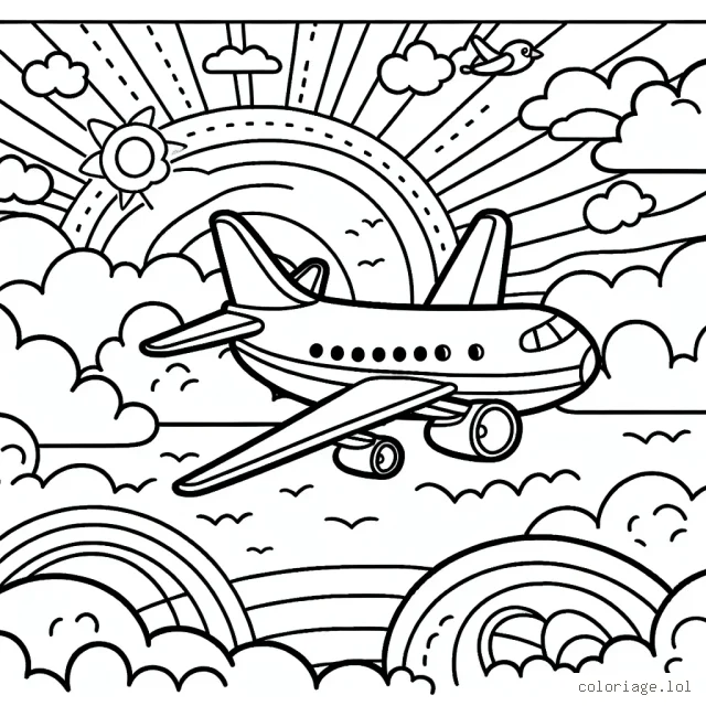 Imagine un avion en plein vol au-dessus des nuages, bénéficiant du coucher de soleil en arrière-plan. Pour ajouter plus de détails, intégre à tes dessins quelques oiseaux volant près de l'avion ainsi qu'un arc-en-ciel pour rendre la scène dynamique et colorée.