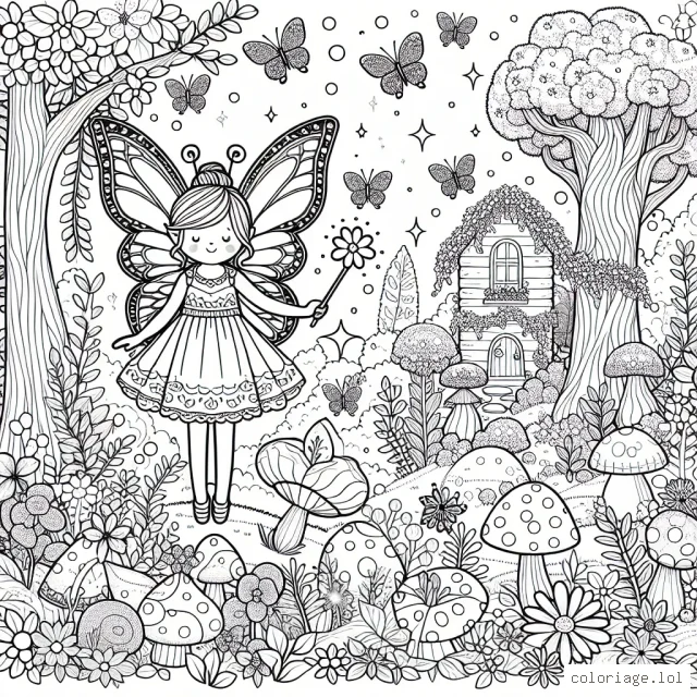 Un magnifique royaume de fées au cœur d’une forêt enchantée. Le dessin représente une gentille fée aux ailes de papillon, habillée d'une robe féerique, tenant une baguette magique. Autour d'elle, il y a une flore luxuriante composée de fleurs multicolores, de champignons magiques et d'arbres parlants. Il y a aussi sa petite maison de fée construite dans un arbre. Le ciel est peuplé de petits papillons scintillants.