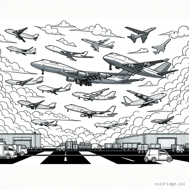 Esquisse une scène où différents types d'avions volent haut dans le ciel avec des nuages paresseux en arrière-plan. Certains de ces avions peuvent être des avions de combat, des avions passagers, des avions cargo. N'oublie pas aussi de représenter un aéroport avec des avions au sol et des employés de l'aéroport qui aident à la navigation des avions.