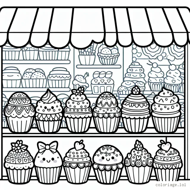 Une rangée de cupcakes décorés de glaçage aux motifs joyeux, installés dans une petite boutique de pâtisserie. Chaque cupcake a une forme et un motif unique.
