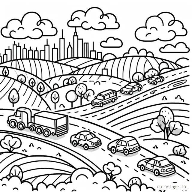 Une scène animée avec différentes types de voitures sur une route sinueuse à travers les collines et une ville lointaine.