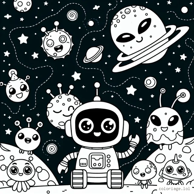 Un joli robot petit mais très intelligent voyageant à travers une galaxie éloignée, tout en interagissant avec diverses créatures extraterrestres souriantes.