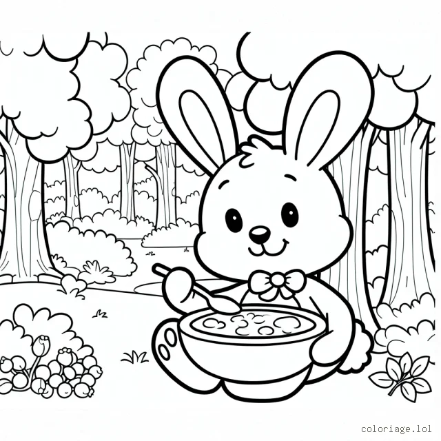 Monsieur Lapin prépare son petit déjeuner en plein air dans la forêt