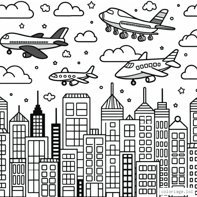 Imagine et coloris une scène où trois différents types d'avions volent dans le ciel bleu, au-dessus d'une ville pleine de buildings colorés.