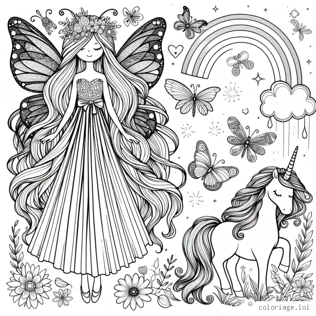 Dessinez une fée aux cheveux longs et soyeux, habillée d'une robe élégante avec de belles ailes brillantes. Autour d'elle se trouvent des lucioles magiques, des fleurs exotiques et un magnifique arc-en-ciel. N'oubliez pas son fidèle ami licorne doté d'une crinière flamboyante et d’une corne pailletée.