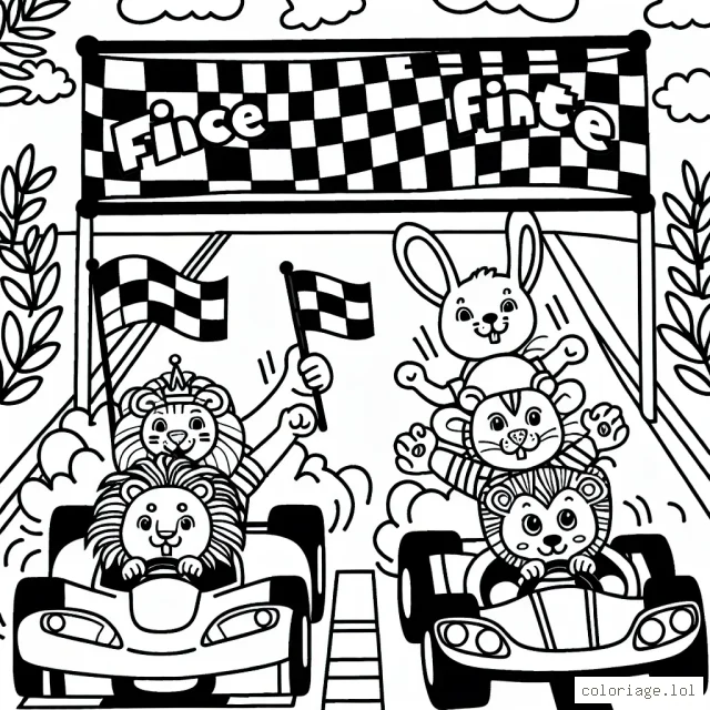 Dessine une course de voitures enthousiaste avec des animaux pilotes sur la ligne d'arrivée