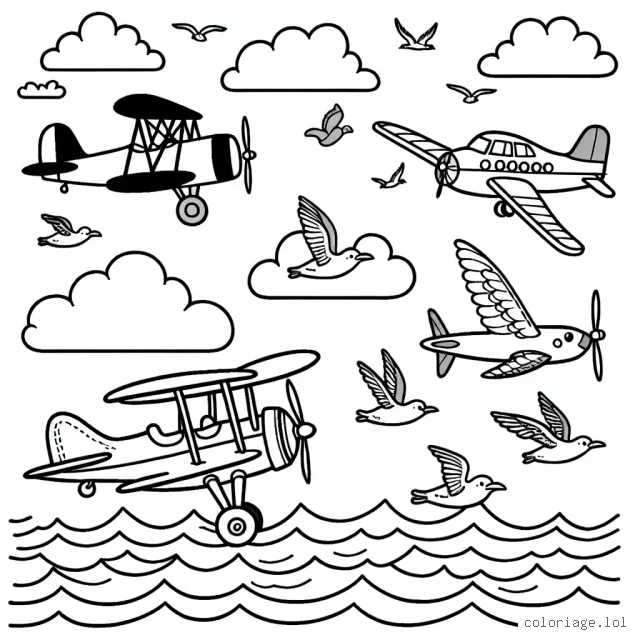 Dessiner et colorier un groupe d'avions colorés qui volent au-dessus de l'océan, avec des oiseaux marins et des nuages.