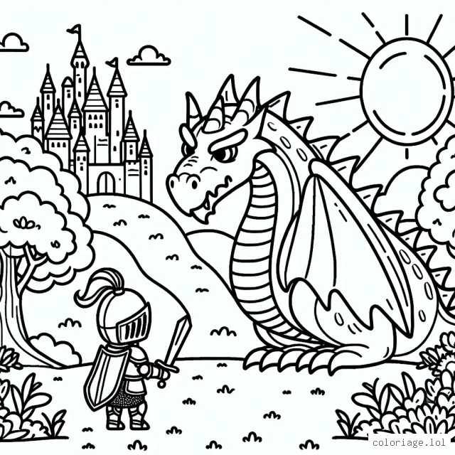 Un jeune chevalier en armure se tient debout devant un énorme dragon, les deux se faisant face. Ils sont sur une colline verdoyante avec un château en arrière-plan. Des arbres bordent la scène, un soleil brillant illumine la scène avec une belle couche de nuages...